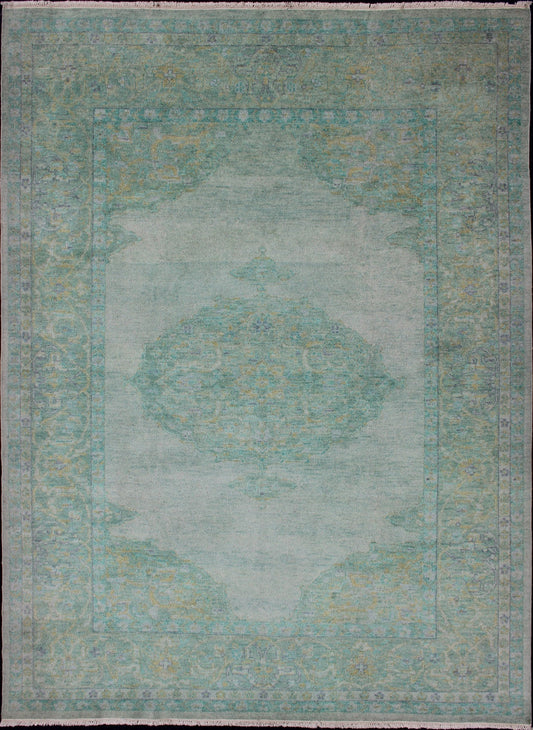 Modern Oushak Rug With Floral Medallion Design in Various Shades of Green. New Oushak Rug, rug/OB - 9242125, country of origin / type: India / Oushak, circa early - 21st Century. Contemporary Indian Rug. This hand - knotted Oushak rug features... - Keivan Woven ArtsOB - 9242125 - 1310012 - 920