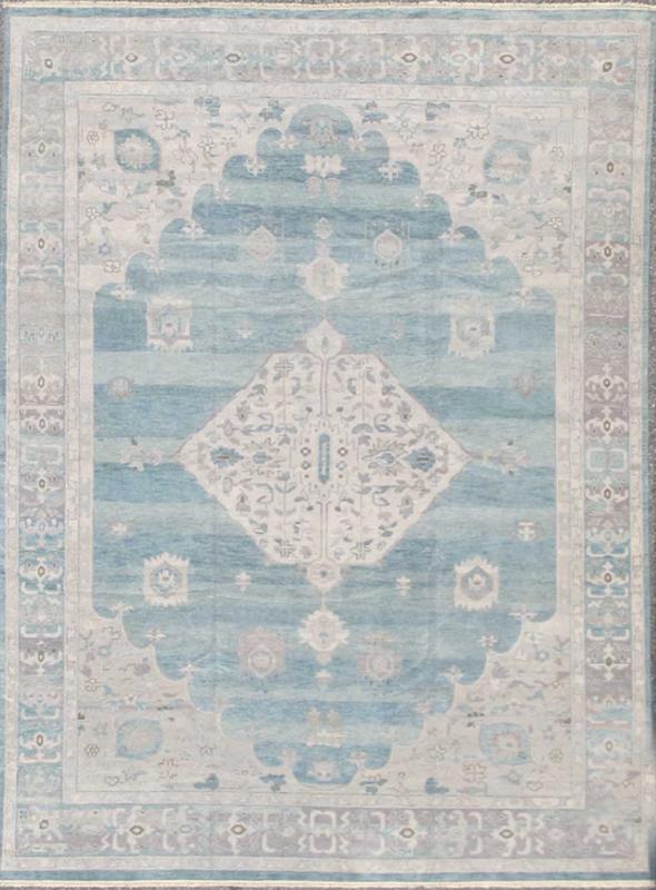 Modern Oushak Design in Silver, Light Gray, Taupe, Aqua and Sea - Foam Colors Oushak design in seafoam, silver and shades of gray color palette and center medallion design, rug OB - 9261027 - 0131046, country of origin / type: India / Khotan. M... - Keivan Woven ArtsOB - 9261027 - 0131046 - 4264Rug