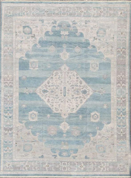 Modern Oushak Design in Silver, Light Gray, Taupe, Aqua and Sea - Foam Colors Oushak design in seafoam, silver and shades of gray color palette and center medallion design, rug OB - 9261027 - 0131046, country of origin / type: India / Khotan. M... - Keivan Woven ArtsOB - 9261027 - 0131046 - 4264Rug