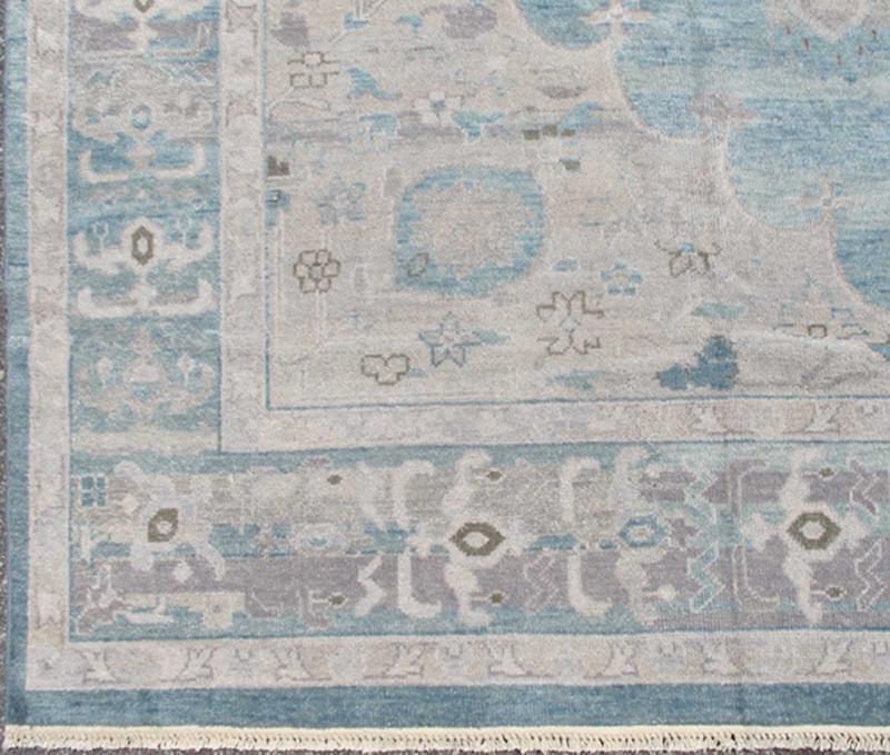 Modern Oushak Design in Silver, Light Gray, Taupe, Aqua and Sea - Foam Colors Oushak design in seafoam, silver and shades of gray color palette and center medallion design, rug OB - 9261027 - 0131046, country of origin / type: India / Khotan. M... - Keivan Woven ArtsOB - 9261027 - 0131046 - 4264Rug