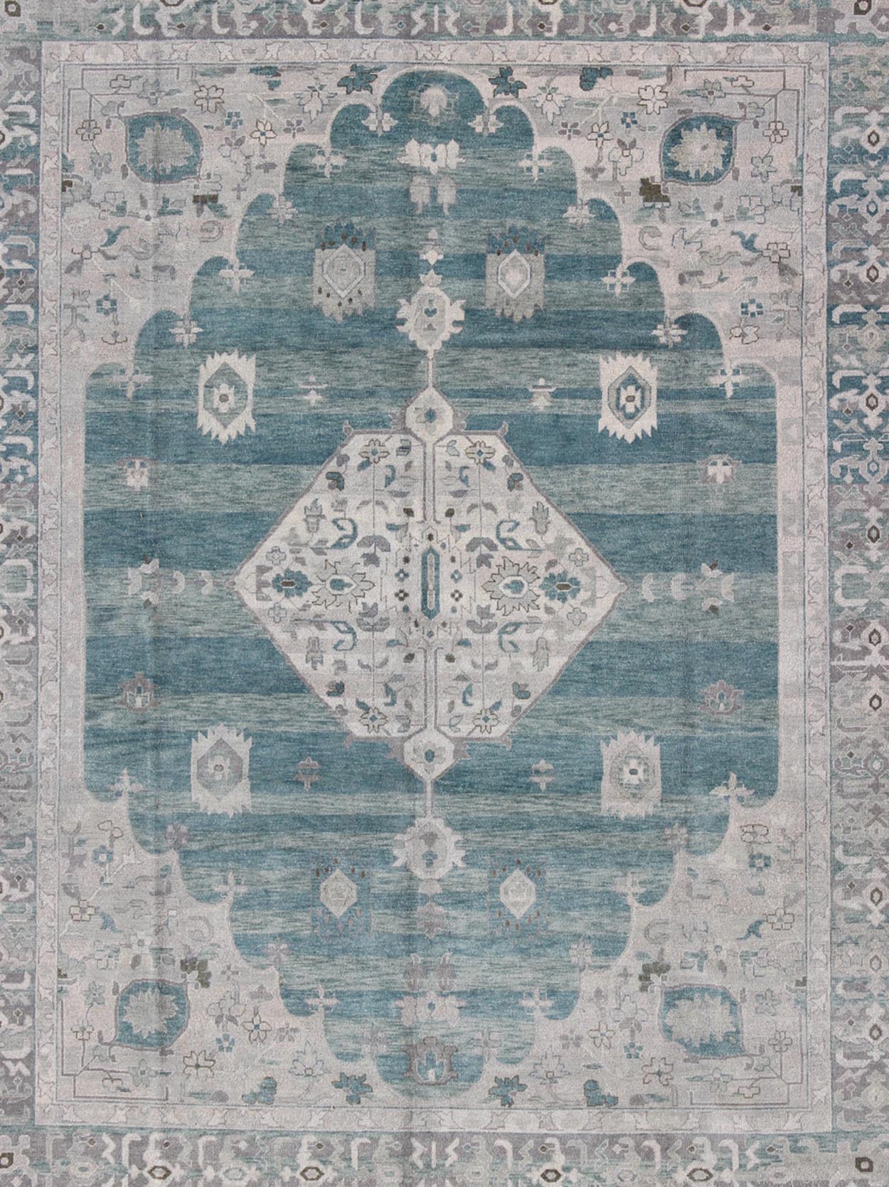 Modern Hand - Knotted Oushak Rug With Central Medallion Design in Gray and Green Tones This modern Indian Oushak rug has been hand - knotted in wool and features a central sub - geometric medallion design rendered in gray/silver and seafoam tones. A c... - Keivan Woven ArtsOB - 9261028 - 0131046 - 4018Rug