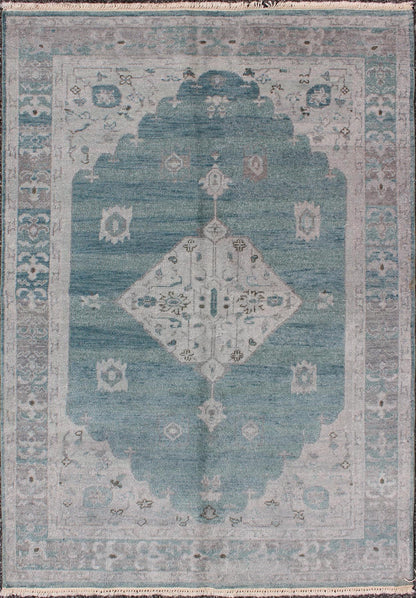 Modern Oushak Design in Silver and Sea - Foam Green Color Oushak Design Rug with Center Medallion, Keivan Woven Arts rug OB - 9261247 - 0131046, country of origin / type: India / Oushak. Measures: 4' x 6'. This hand knotted Oushak rug fe... - Keivan Woven ArtsOB - 9261247 - 0131046 - 3950Rug