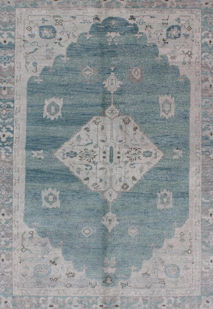 Modern Oushak Design in Silver and Sea - Foam Green Color Oushak Design Rug with Center Medallion, Keivan Woven Arts rug OB - 9261247 - 0131046, country of origin / type: India / Oushak. Measures: 4' x 6'. This hand knotted Oushak rug fe... - Keivan Woven ArtsOB - 9261247 - 0131046 - 3950Rug