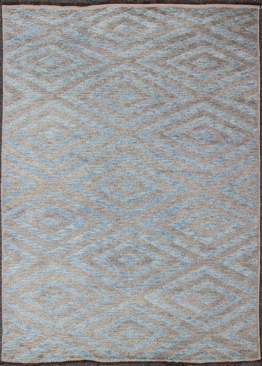 Keivan Woven Arts, Modern Moroccan Piled Rug with Sky Blue and Gray in Layered Diamond Design. Moroccan design rug with light blue, light gray and multi layered Diamond Design. Moroccan design. Keivan Woven Arts, rug OB - 9265407, country of origi... - Keivan Woven ArtsOB - 9265407 - 258010 - 8505Rug