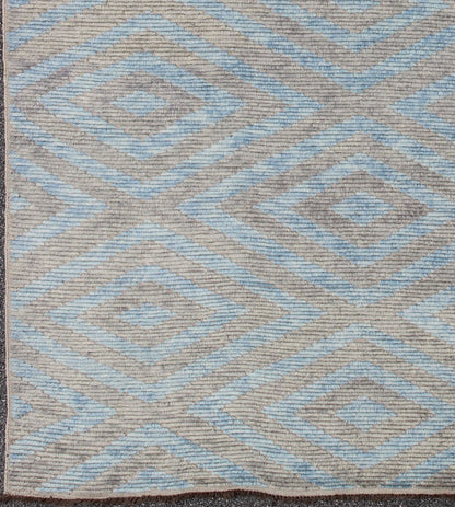 Keivan Woven Arts, Modern Moroccan Piled Rug with Sky Blue and Gray in Layered Diamond Design. Moroccan design rug with light blue, light gray and multi layered Diamond Design. Moroccan design. Keivan Woven Arts, rug OB - 9265407, country of origi... - Keivan Woven ArtsOB - 9265407 - 258010 - 8505Rug