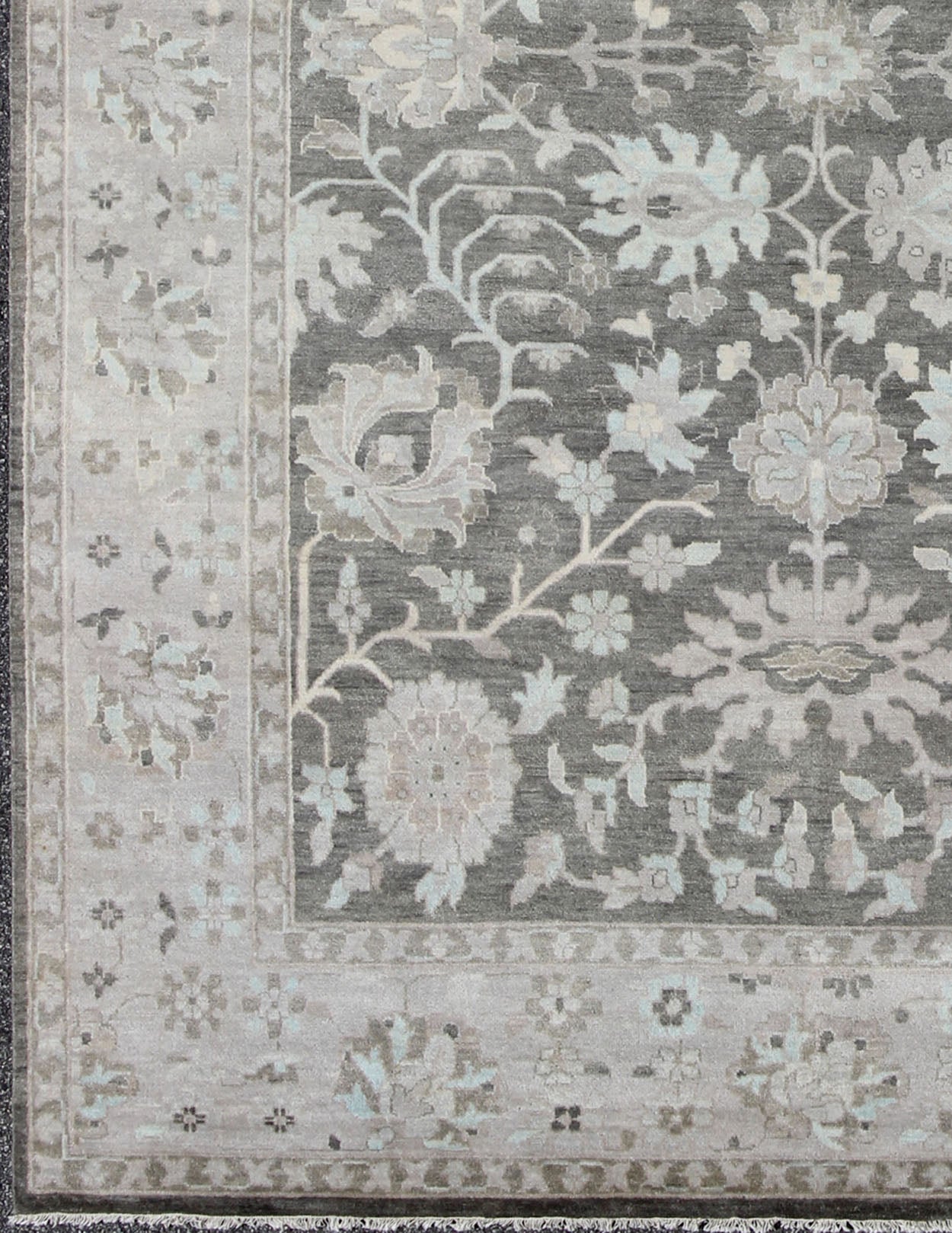 Modern Oushak with Floral Design in Gray, Taupe, Lt. Blue, Lt. Brown & Cream This beautiful floral Oushak in anchored by Gray background and taupe border, Keivan Woven Arts rug OB - 9288503 - 271010, country of origin / type: India / Oushak, circa... - Keivan Woven ArtsOB - 9288503 - 271010 - 8515Rug