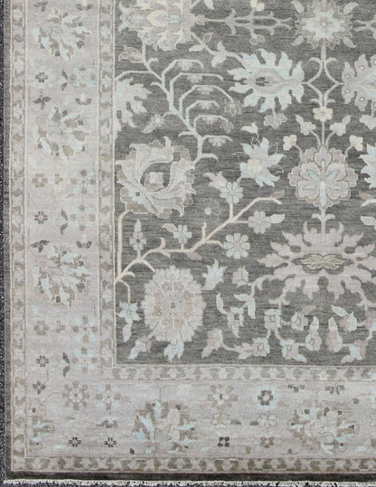 Modern Oushak with Floral Design in Gray, Taupe, Lt. Blue, Lt. Brown & Cream This beautiful floral Oushak in anchored by Gray background and taupe border, Keivan Woven Arts rug OB - 9288503 - 271010, country of origin / type: India / Oushak, circa... - Keivan Woven ArtsOB - 9288503 - 271010 - 8515Rug