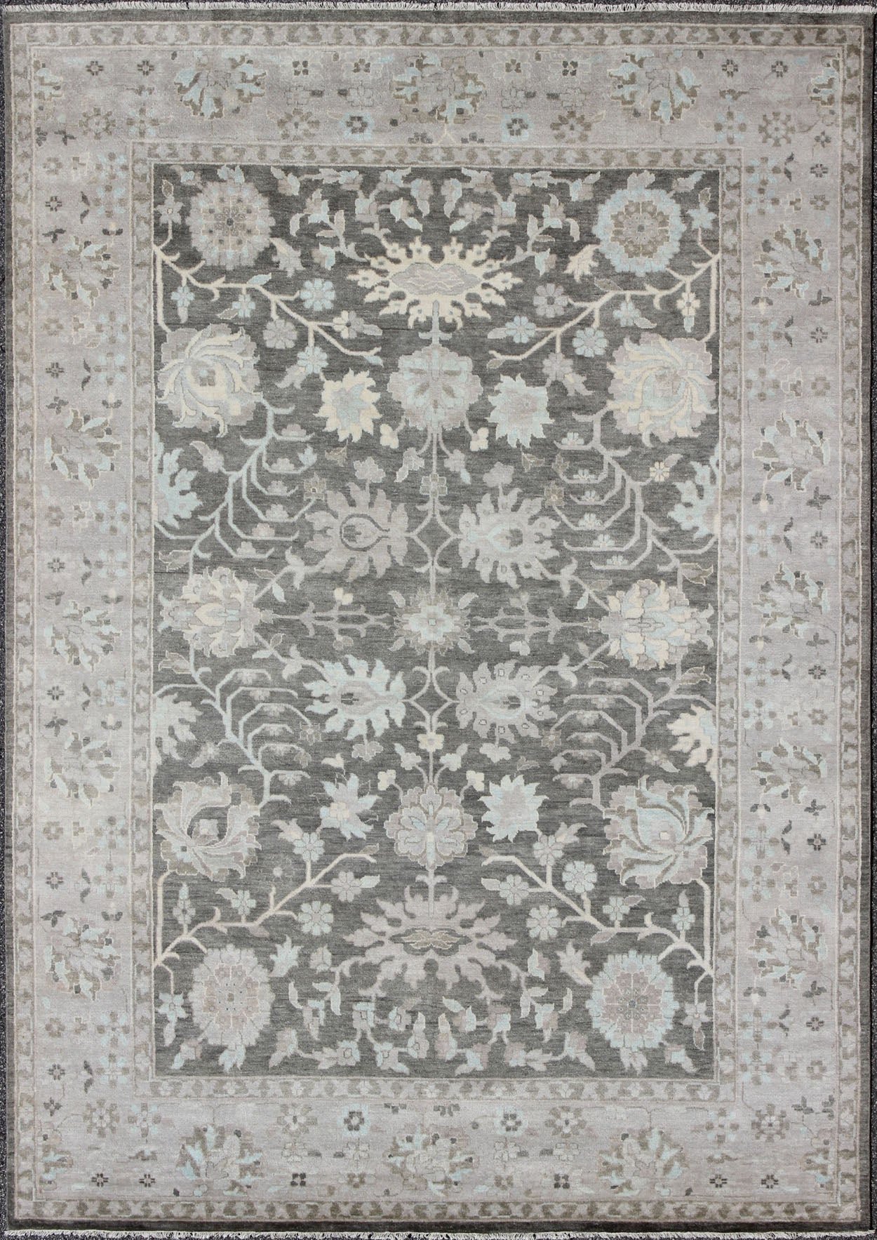 Modern Oushak with Floral Design in Gray, Taupe, Lt. Blue, Lt. Brown & Cream This beautiful floral Oushak in anchored by Gray background and taupe border, Keivan Woven Arts rug OB - 9288503 - 271010, country of origin / type: India / Oushak, circa... - Keivan Woven ArtsOB - 9288503 - 271010 - 8515Rug