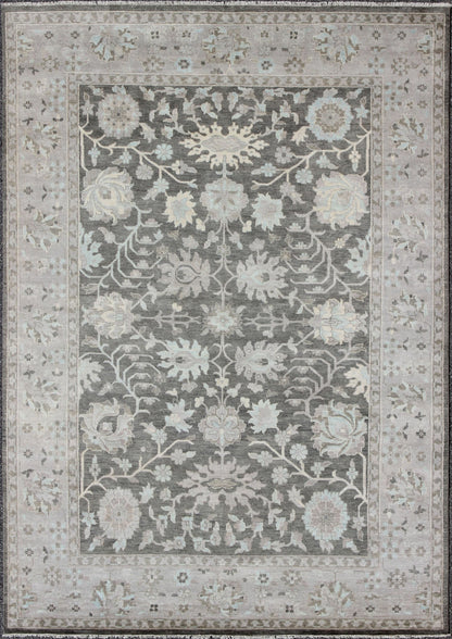 Modern Oushak with Floral Design in Gray, Taupe, Lt. Blue, Lt. Brown & Cream This beautiful floral Oushak in anchored by Gray background and taupe border, Keivan Woven Arts rug OB - 9288503 - 271010, country of origin / type: India / Oushak, circa... - Keivan Woven ArtsOB - 9288503 - 271010 - 8515Rug