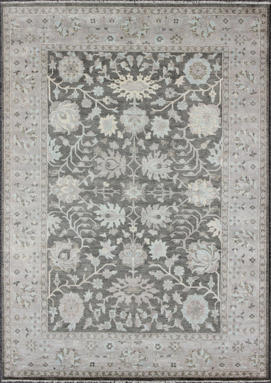 Modern Oushak with Floral Design in Gray, Taupe, Lt. Blue, Lt. Brown & Cream This beautiful floral Oushak in anchored by Gray background and taupe border, Keivan Woven Arts rug OB - 9288503 - 271010, country of origin / type: India / Oushak, circa... - Keivan Woven ArtsOB - 9288503 - 271010 - 8515Rug
