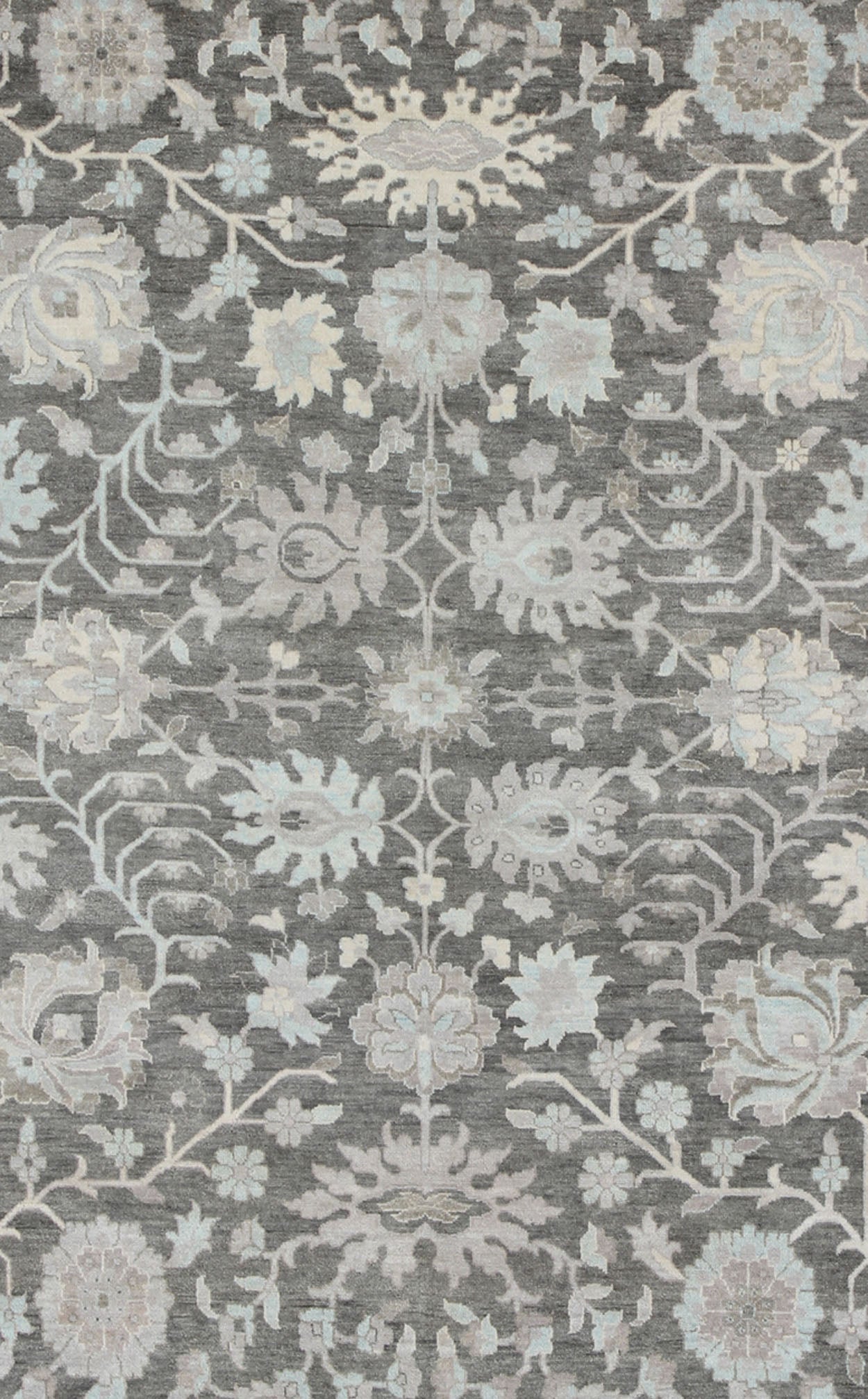 Modern Oushak with Floral Design in Gray, Taupe, Lt. Blue, Lt. Brown & Cream This beautiful floral Oushak in anchored by Gray background and taupe border, Keivan Woven Arts rug OB - 9288503 - 271010, country of origin / type: India / Oushak, circa... - Keivan Woven ArtsOB - 9288503 - 271010 - 8515Rug
