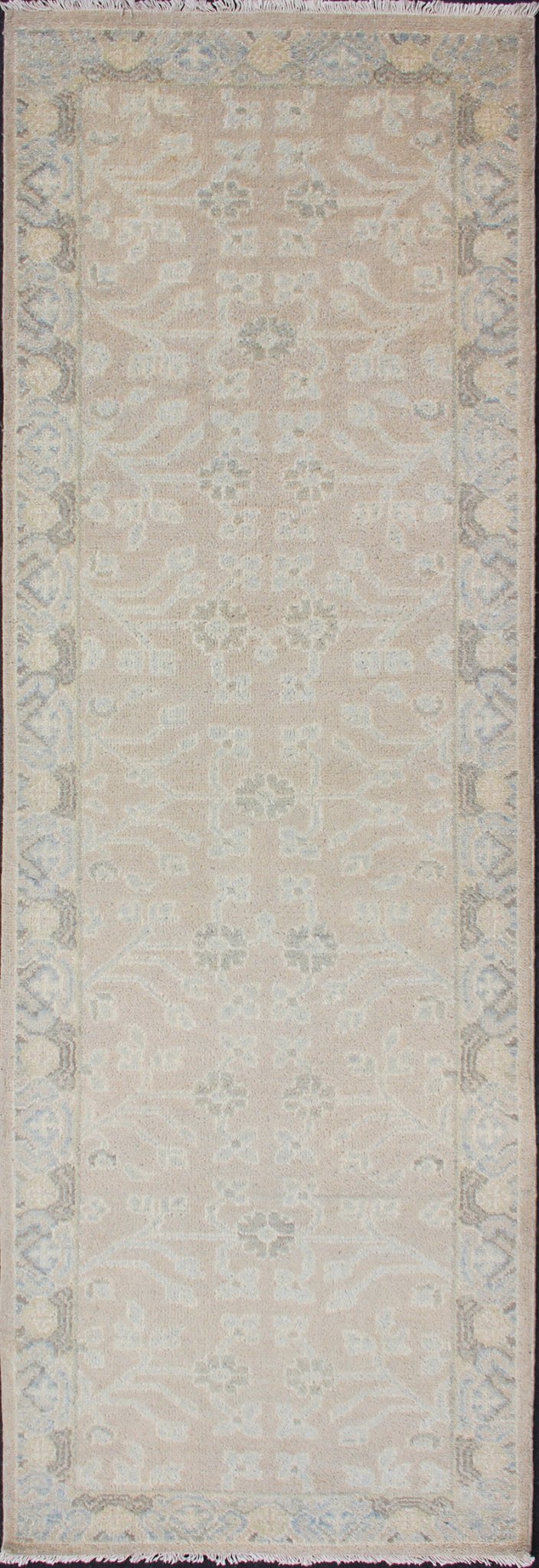 Modern Khotan Runner in Wool with All - Over Sub - Geometric Floral Design This modern Indian Khotan rug has been hand - knotted in wool and features an all - over, sub - geometric floral design rendered in blue and neutral tones. A complementary border e... - Keivan Woven ArtsOB - 9289470 - 6270004 - 11332Rug