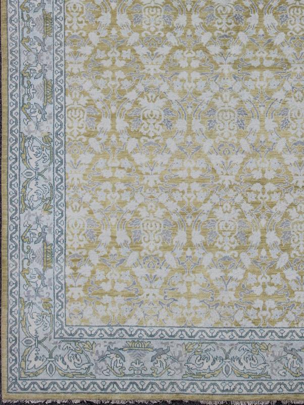 Spanish Design Rug With All - Over Floral Pattern in Acid Yellow Green Grey & Blue. This gorgeous Spanish styled rug features a symmetrical pattern in the center in the colors og yellow green, gray blue, light blue, gray and cream, enclosed withi... - Keivan Woven ArtsOB - 9289566 - 8161Rug