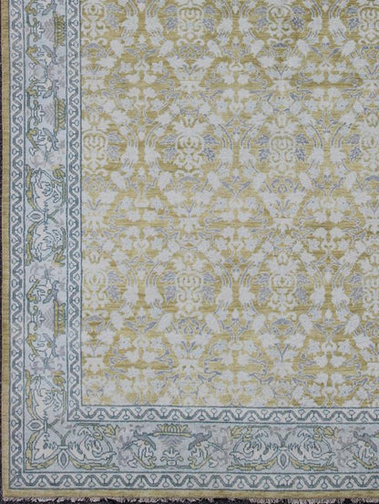 Spanish Design Rug With All - Over Floral Pattern in Acid Yellow Green Grey & Blue. This gorgeous Spanish styled rug features a symmetrical pattern in the center in the colors og yellow green, gray blue, light blue, gray and cream, enclosed withi... - Keivan Woven ArtsOB - 9289566 - 8161Rug