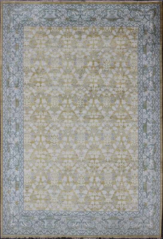 Spanish Design Rug With All - Over Floral Pattern in Acid Yellow Green Grey & Blue. This gorgeous Spanish styled rug features a symmetrical pattern in the center in the colors og yellow green, gray blue, light blue, gray and cream, enclosed withi... - Keivan Woven ArtsOB - 9289566 - 8161Rug