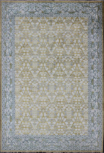 Spanish Design Rug With All - Over Floral Pattern in Acid Yellow Green Grey & Blue. This gorgeous Spanish styled rug features a symmetrical pattern in the center in the colors og yellow green, gray blue, light blue, gray and cream, enclosed withi... - Keivan Woven ArtsOB - 9289566 - 8161Rug
