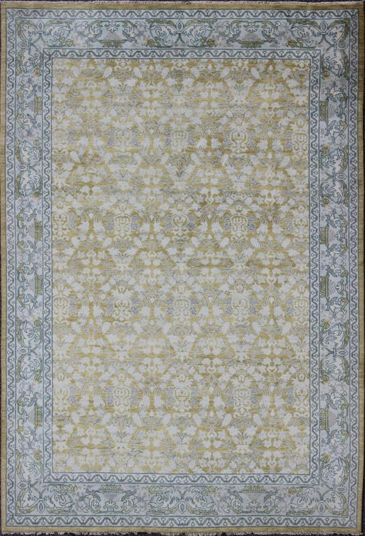 Spanish Design Rug With All - Over Floral Pattern in Acid Yellow Green Grey & Blue. This gorgeous Spanish styled rug features a symmetrical pattern in the center in the colors og yellow green, gray blue, light blue, gray and cream, enclosed withi... - Keivan Woven ArtsOB - 9289566 - 8161Rug