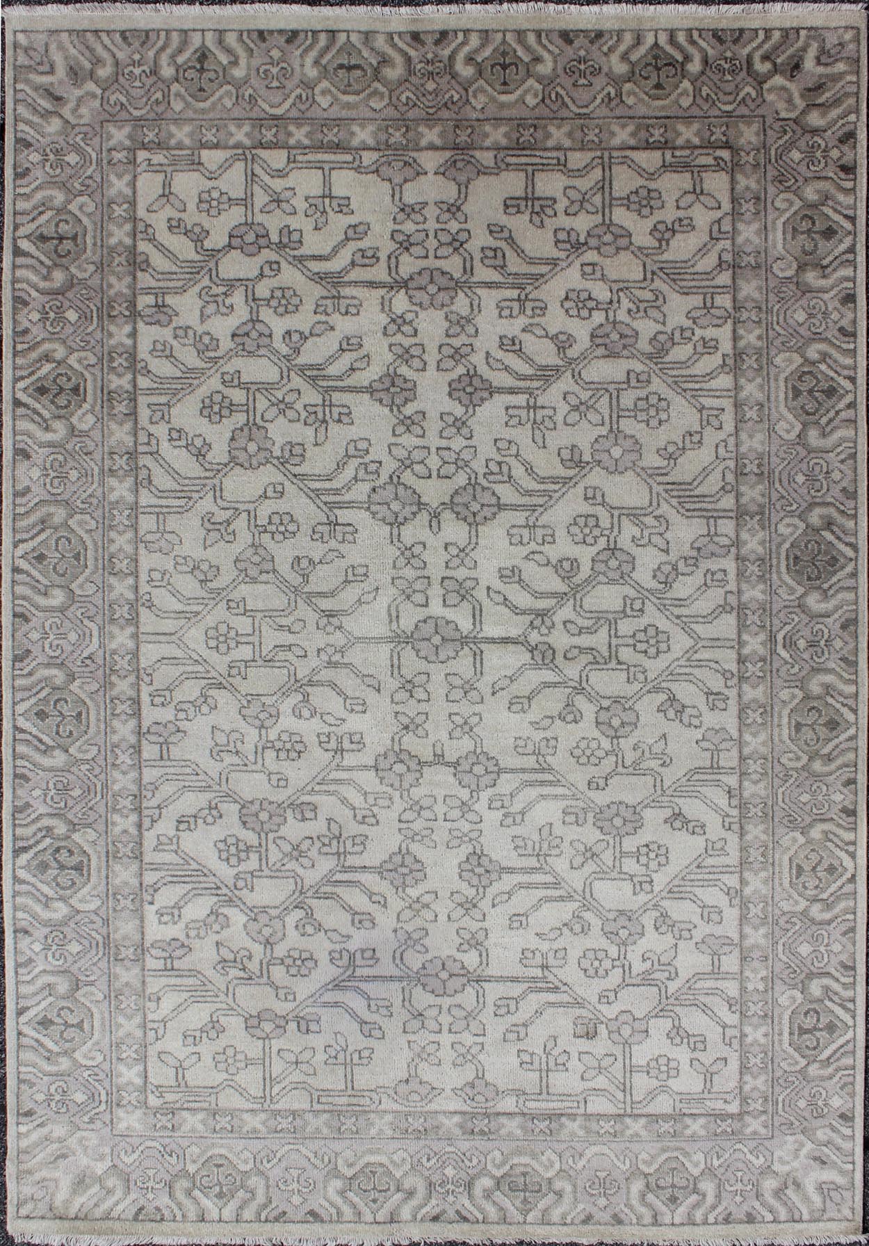 Modern Hand - Knotted Khotan Rug in Wool with All - Over Design in Cream, Gray and Taupe. Measures: 5'6 x 8'6. This modern Indian Khotan rug has been hand - knotted in wool and features an all - over sub - geometric design rendered in cream, gray ... - Keivan Woven ArtsOB - 9300497 - 6270007 - 9651Rug