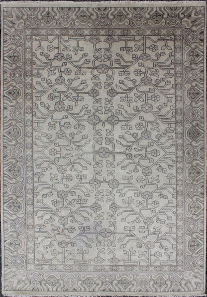 Modern Hand - Knotted Khotan Rug in Wool with All - Over Design in Cream, Gray and Taupe. Measures: 5'6 x 8'6. This modern Indian Khotan rug has been hand - knotted in wool and features an all - over sub - geometric design rendered in cream, gray ... - Keivan Woven ArtsOB - 9300497 - 6270007 - 9651Rug