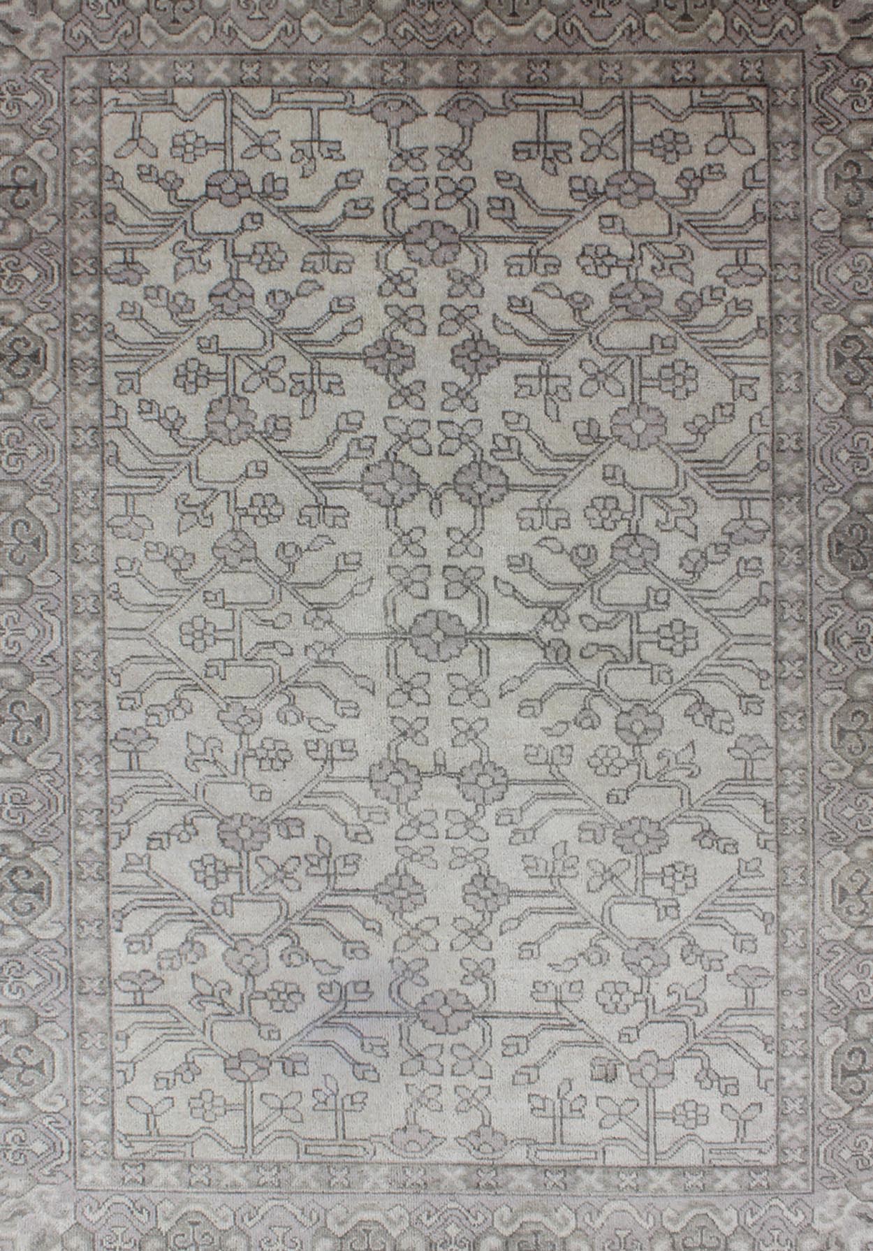 Modern Hand - Knotted Khotan Rug in Wool with All - Over Design in Cream, Gray and Taupe. Measures: 5'6 x 8'6. This modern Indian Khotan rug has been hand - knotted in wool and features an all - over sub - geometric design rendered in cream, gray ... - Keivan Woven ArtsOB - 9300497 - 6270007 - 9651Rug