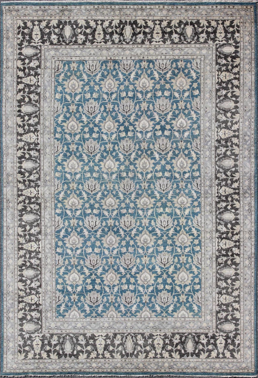 Modern Tabriz Rug in Wool With All - Over Design in Blue, Gray and Charcoal This hand knotted Tabriz rug features a beautiful all - over design rendered in grays, silver, and charcoal and blue tones. The entirety of the piece is enclosed within a c... - Keivan Woven ArtsOB - 9312987 - 6480001 - 9655Rug