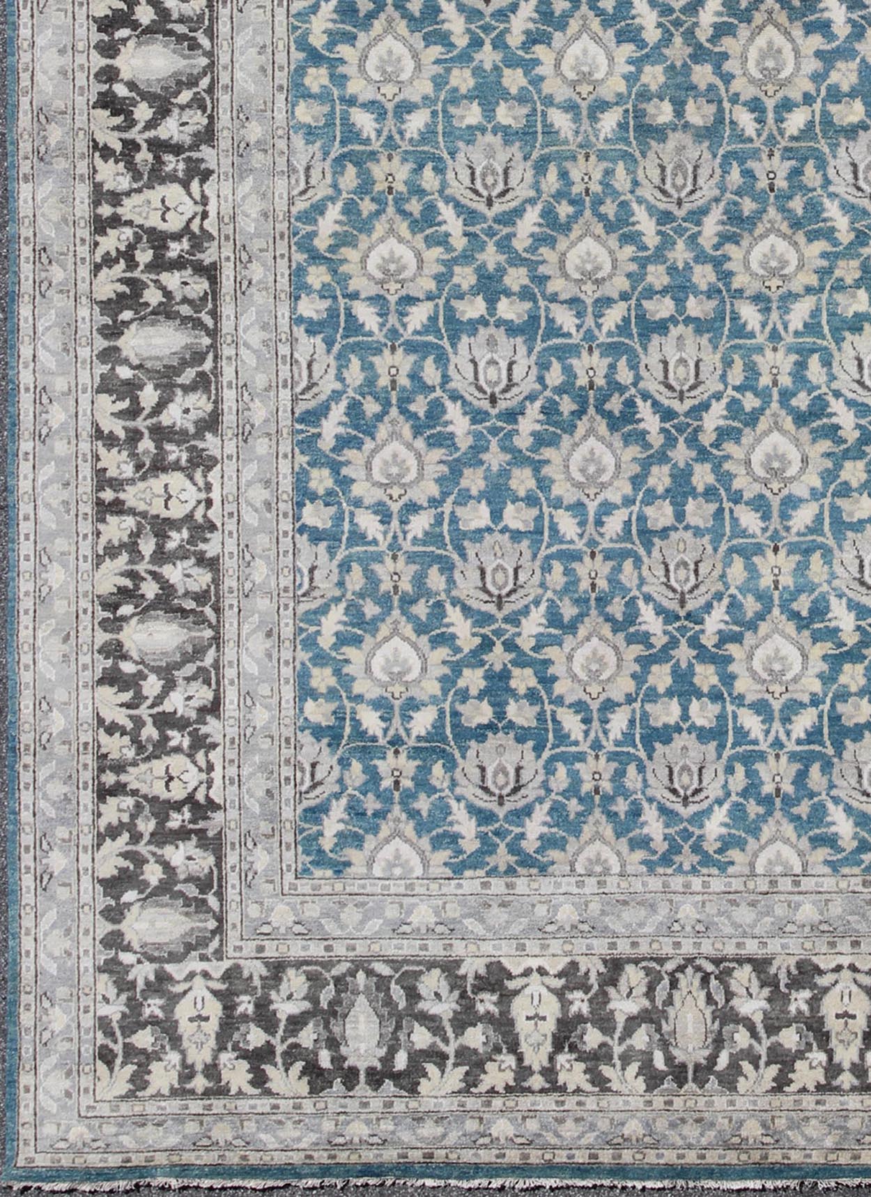 Modern Tabriz Rug in Wool With All - Over Design in Blue, Gray and Charcoal This hand knotted Tabriz rug features a beautiful all - over design rendered in grays, silver, and charcoal and blue tones. The entirety of the piece is enclosed within a c... - Keivan Woven ArtsOB - 9312987 - 6480001 - 9655Rug