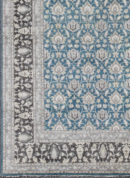 Modern Tabriz Rug in Wool With All - Over Design in Blue, Gray and Charcoal This hand knotted Tabriz rug features a beautiful all - over design rendered in grays, silver, and charcoal and blue tones. The entirety of the piece is enclosed within a c... - Keivan Woven ArtsOB - 9312987 - 6480001 - 9655Rug