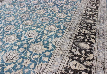 Modern Tabriz Rug in Wool With All - Over Design in Blue, Gray and Charcoal This hand knotted Tabriz rug features a beautiful all - over design rendered in grays, silver, and charcoal and blue tones. The entirety of the piece is enclosed within a c... - Keivan Woven ArtsOB - 9312987 - 6480001 - 9655Rug