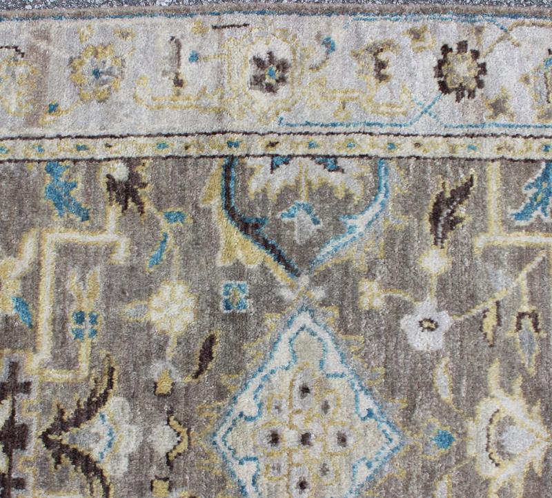 Modern Design Long Heriz Runner in Gray, Brown, Silver, Blue, Soft Yellow. Long Heriz Runner in All Oner Geometric Design, rug OB - 9313045, country of origin / type: India / Heriz. Measures: 3'6 x 16'0 This hand knotted Heriz rug ... - Keivan Woven ArtsOB - 9313045 - 0601028 - 6338Rug