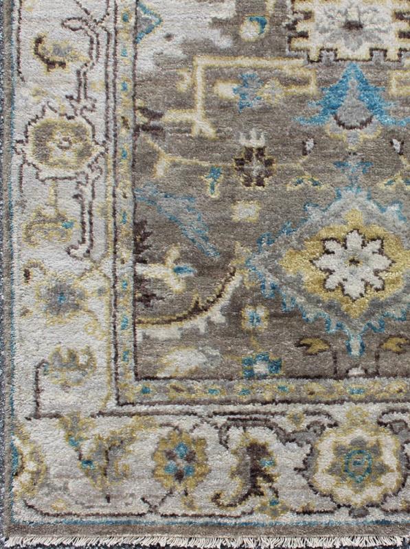 Modern Design Long Heriz Runner in Gray, Brown, Silver, Blue, Soft Yellow. Long Heriz Runner in All Oner Geometric Design, rug OB - 9313045, country of origin / type: India / Heriz. Measures: 3'6 x 16'0 This hand knotted Heriz rug ... - Keivan Woven ArtsOB - 9313045 - 0601028 - 6338Rug