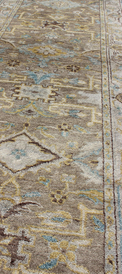 Modern Design Long Heriz Runner in Gray, Brown, Silver, Blue, Soft Yellow This Modern Heriz Runner features a an all - over uniquely accentuated design; using light and earthy tones which make the rug a great fit for a variety of transitional and... - Keivan Woven ArtsOB - 9313052 - 0601028 - 6270Rug