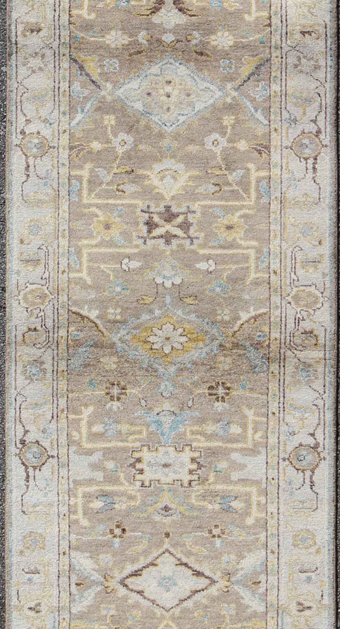 Modern Design Long Heriz Runner in Gray, Brown, Silver, Blue, Soft Yellow This Modern Heriz Runner features a an all - over uniquely accentuated design; using light and earthy tones which make the rug a great fit for a variety of transitional and... - Keivan Woven ArtsOB - 9313052 - 0601028 - 6270Rug