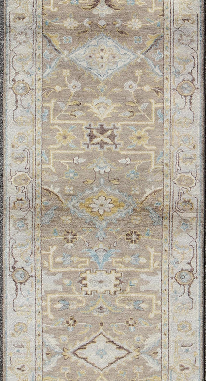 Modern Design Long Heriz Runner in Gray, Brown, Silver, Blue, Soft Yellow This Modern Heriz Runner features a an all - over uniquely accentuated design; using light and earthy tones which make the rug a great fit for a variety of transitional and... - Keivan Woven ArtsOB - 9313052 - 0601028 - 6270Rug