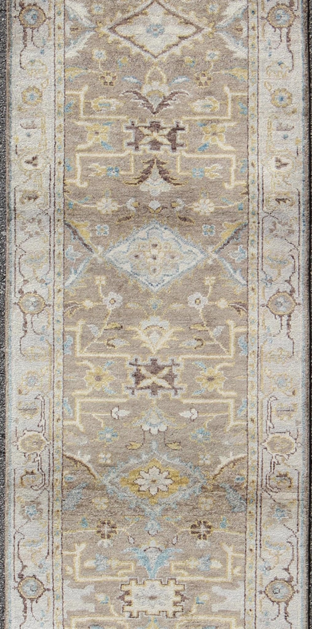 Modern Design Long Heriz Runner in Gray, Brown, Silver, Blue, Soft Yellow This Modern Heriz Runner features a an all - over uniquely accentuated design; using light and earthy tones which make the rug a great fit for a variety of transitional and... - Keivan Woven ArtsOB - 9313052 - 0601028 - 6270Rug