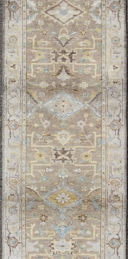 Modern Design Long Heriz Runner in Gray, Brown, Silver, Blue, Soft Yellow This Modern Heriz Runner features a an all - over uniquely accentuated design; using light and earthy tones which make the rug a great fit for a variety of transitional and... - Keivan Woven ArtsOB - 9313052 - 0601028 - 6270Rug