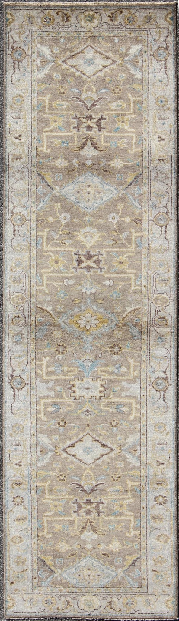 Modern Design Long Heriz Runner in Gray, Brown, Silver, Blue, Soft Yellow This Modern Heriz Runner features a an all - over uniquely accentuated design; using light and earthy tones which make the rug a great fit for a variety of transitional and... - Keivan Woven ArtsOB - 9313052 - 0601028 - 6270Rug