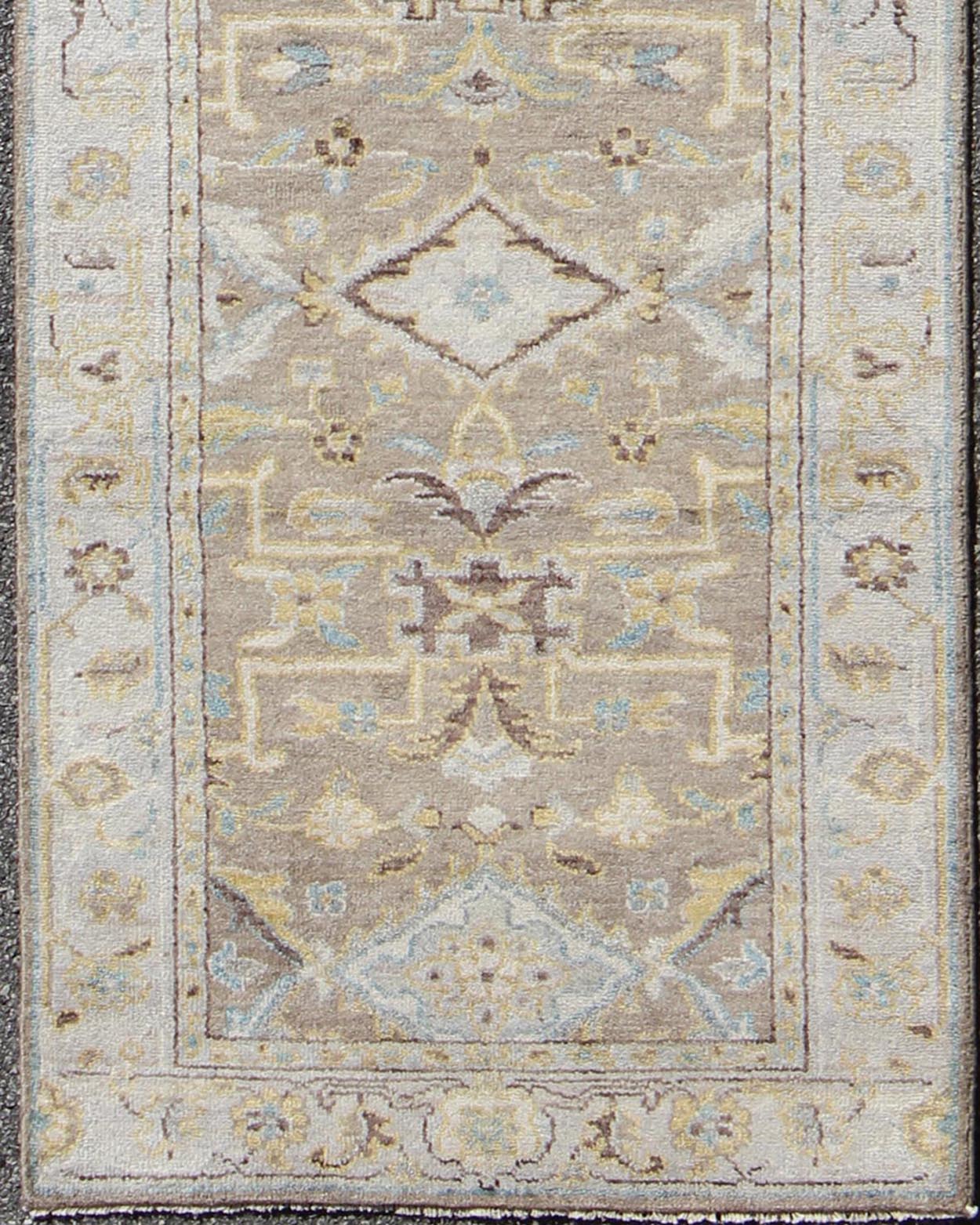 Modern Design Long Heriz Runner in Gray, Brown, Silver, Blue, Soft Yellow This Modern Heriz Runner features a an all - over uniquely accentuated design; using light and earthy tones which make the rug a great fit for a variety of transitional and... - Keivan Woven ArtsOB - 9313052 - 0601028 - 6270Rug