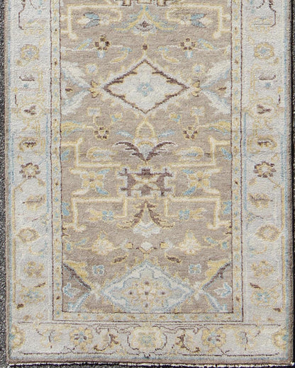 Modern Design Long Heriz Runner in Gray, Brown, Silver, Blue, Soft Yellow This Modern Heriz Runner features a an all - over uniquely accentuated design; using light and earthy tones which make the rug a great fit for a variety of transitional and... - Keivan Woven ArtsOB - 9313052 - 0601028 - 6270Rug
