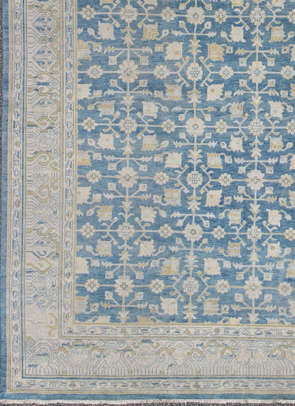 Khotan Design Rug with All - Over Sub - Geometric Pattern in Blue, Tan & Gold Khotan Design Rug, rug OB - 9333890 - 592044, country of origin / type: India / Khotan, circa Early - 21st Century. Measures: 10'0 x 14'0. - Keivan Woven ArtsOB - 9333890 - 592044 - 8525Rug