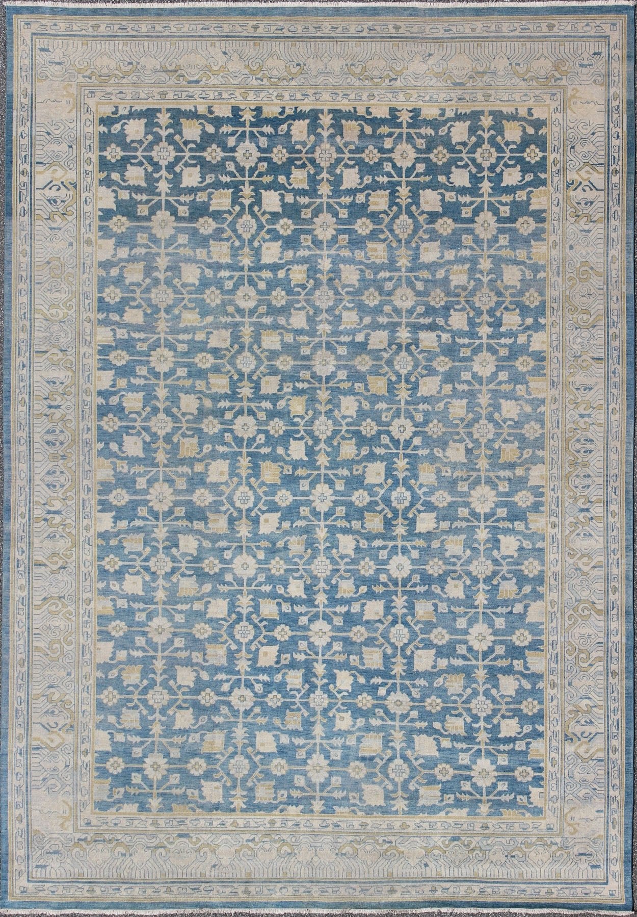 Khotan Design Rug with All - Over Sub - Geometric Pattern in Blue, Tan & Gold Khotan Design Rug, rug OB - 9333890 - 592044, country of origin / type: India / Khotan, circa Early - 21st Century. Measures: 10'0 x 14'0. - Keivan Woven ArtsOB - 9333890 - 592044 - 8525Rug