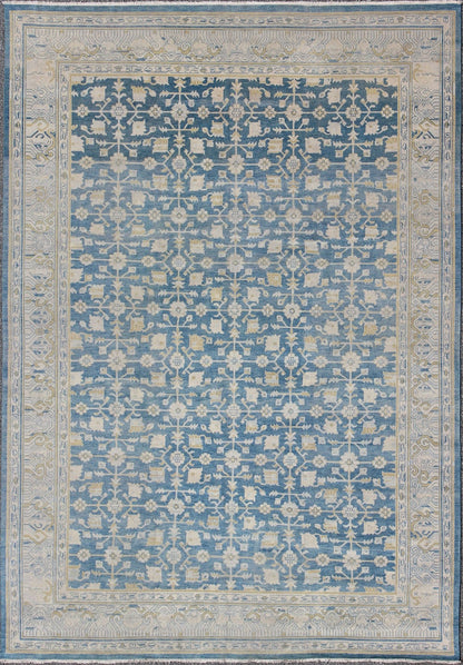 Khotan Design Rug with All - Over Sub - Geometric Pattern in Blue, Tan & Gold Khotan Design Rug, rug OB - 9333890 - 592044, country of origin / type: India / Khotan, circa Early - 21st Century. Measures: 10'0 x 14'0. - Keivan Woven ArtsOB - 9333890 - 592044 - 8525Rug