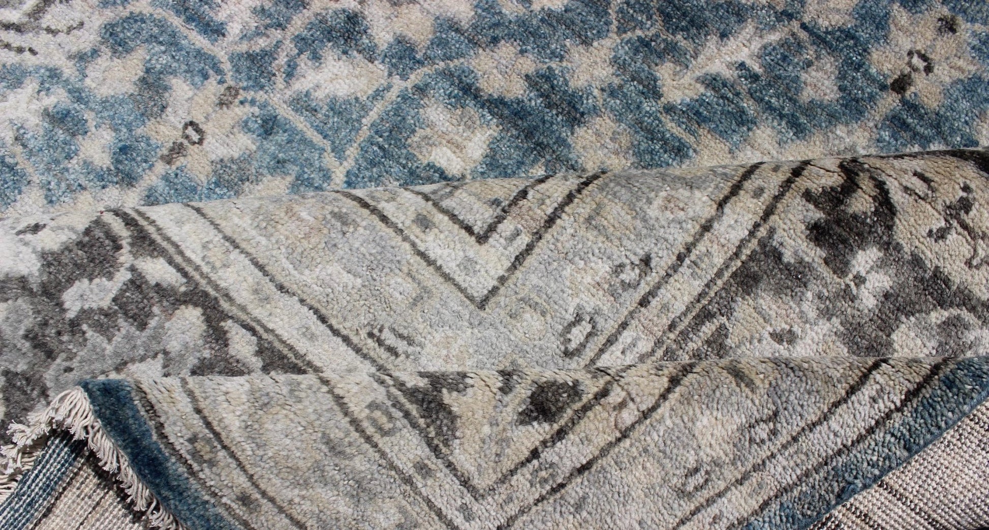 Modern Hand - Knotted Tabriz Rug in Wool with All - Over Design in Blue, Gray and Brown This hand knotted Tabriz rug features a beautiful all - over design rendered in grays, silver, and charcoal and blue tones. The entirety of the piece is enclosed w... - Keivan Woven ArtsOB - 9350766 - 6480001 - 9667Rug