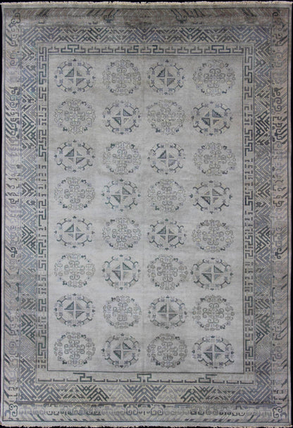 Large Khotan rug with silver, gray, Blue gray, charcoal and a neutral color palette and all - over medallion design, rug OB - 9261273, country of origin / type: India/ Khotan This hand knotted Khotan rug features a beautiful all - over design rendered... - Keivan Woven ArtsOB - 9356765 - 12206Rug