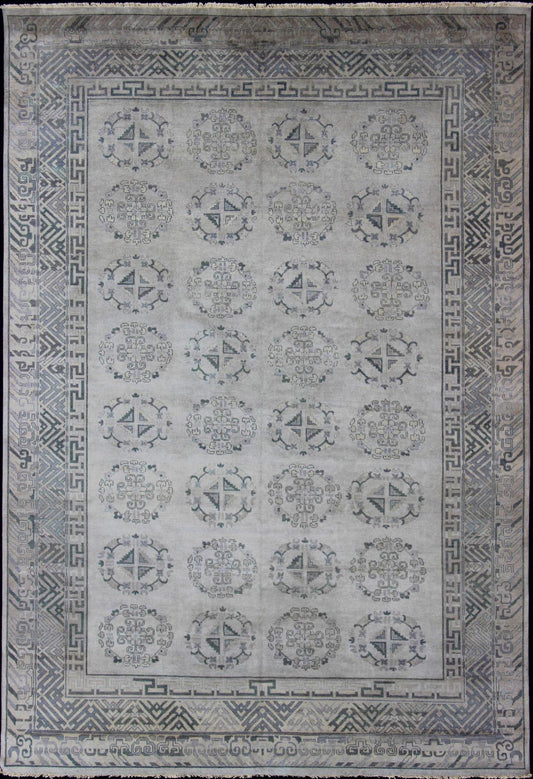 Large Khotan rug with silver, gray, Blue gray, charcoal and a neutral color palette and all - over medallion design, rug OB - 9261273, country of origin / type: India/ Khotan This hand knotted Khotan rug features a beautiful all - over design rendered... - Keivan Woven ArtsOB - 9356765 - 12206
