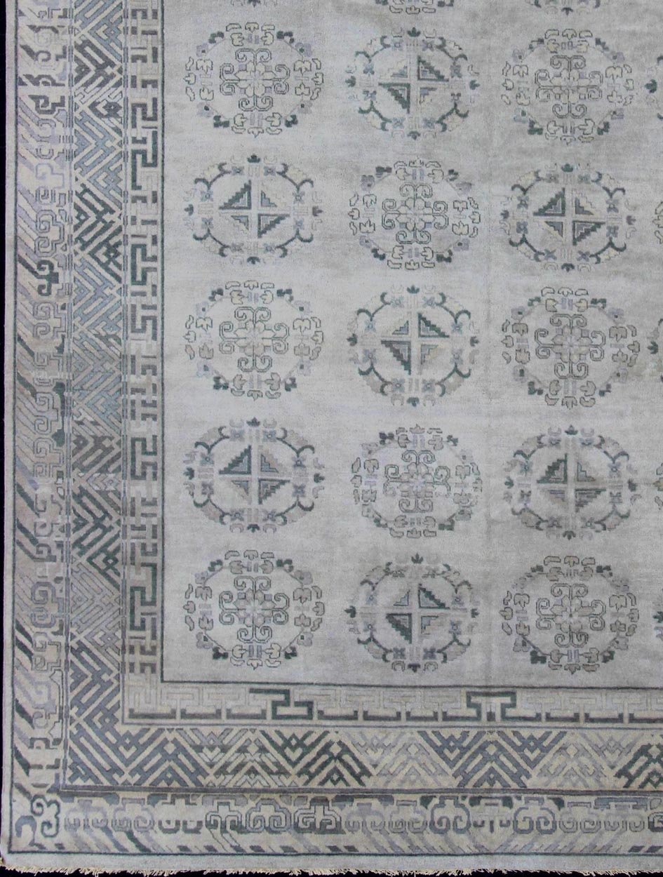 Large Khotan rug with silver, gray, Blue gray, charcoal and a neutral color palette and all - over medallion design, rug OB - 9261273, country of origin / type: India/ Khotan This hand knotted Khotan rug features a beautiful all - over design rendered... - Keivan Woven ArtsOB - 9356765 - 12206Rug