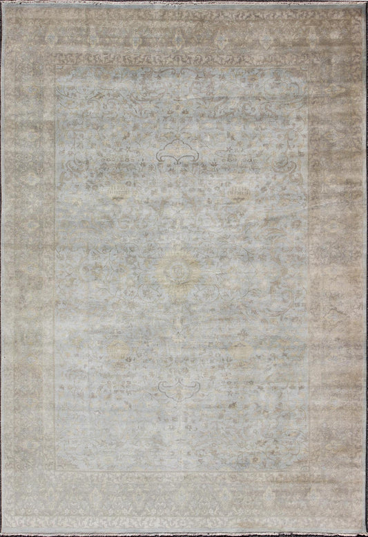 Large Floral Tabriz with Floral Design in Lt. Blue, Brown, Lt. Yellow, Taupe. Light Colored Floral Tabriz in light blue, various browns, yellow, gray and taupe. Keivan Woven Arts/ rug OB - 9364932 - 5890017, country of origin / type: India / Tabriz... - Keivan Woven ArtsOB - 9364932 - 5890017 - 9292Rug