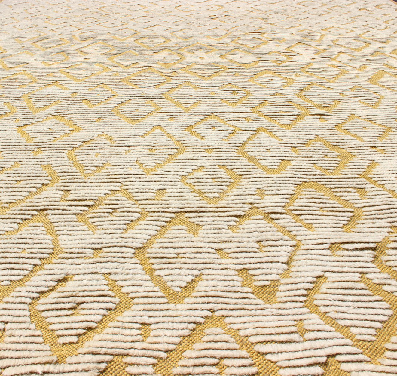 Modern Hand - Knotted Rug in Wool with Diamond Design in Marigold and Cream This modern Indian rug has been hand - knotted in wool and features an all - over, sub - geometric diamond design rendered in marigold and cream tones; making it a marvelous fit... - Keivan Woven ArtsOB - 9365738 - 2590032 - 13342