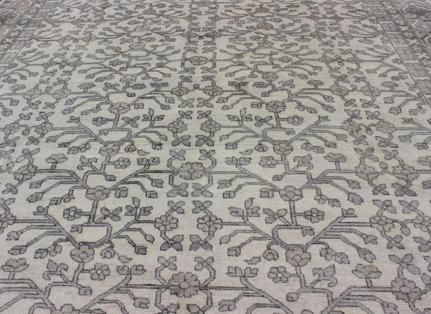 Khotan Rug in Wool with All - Over Design in Cream and Gray By Keivan Woven Arts This modern Indian Khotan rug has been hand - knotted in wool and features an all - over, sub - geometric design rendered in cream and gray tones. A complementary, multi - ... - Keivan Woven ArtsOB - 9393429 - 6460013 - 9683Rug