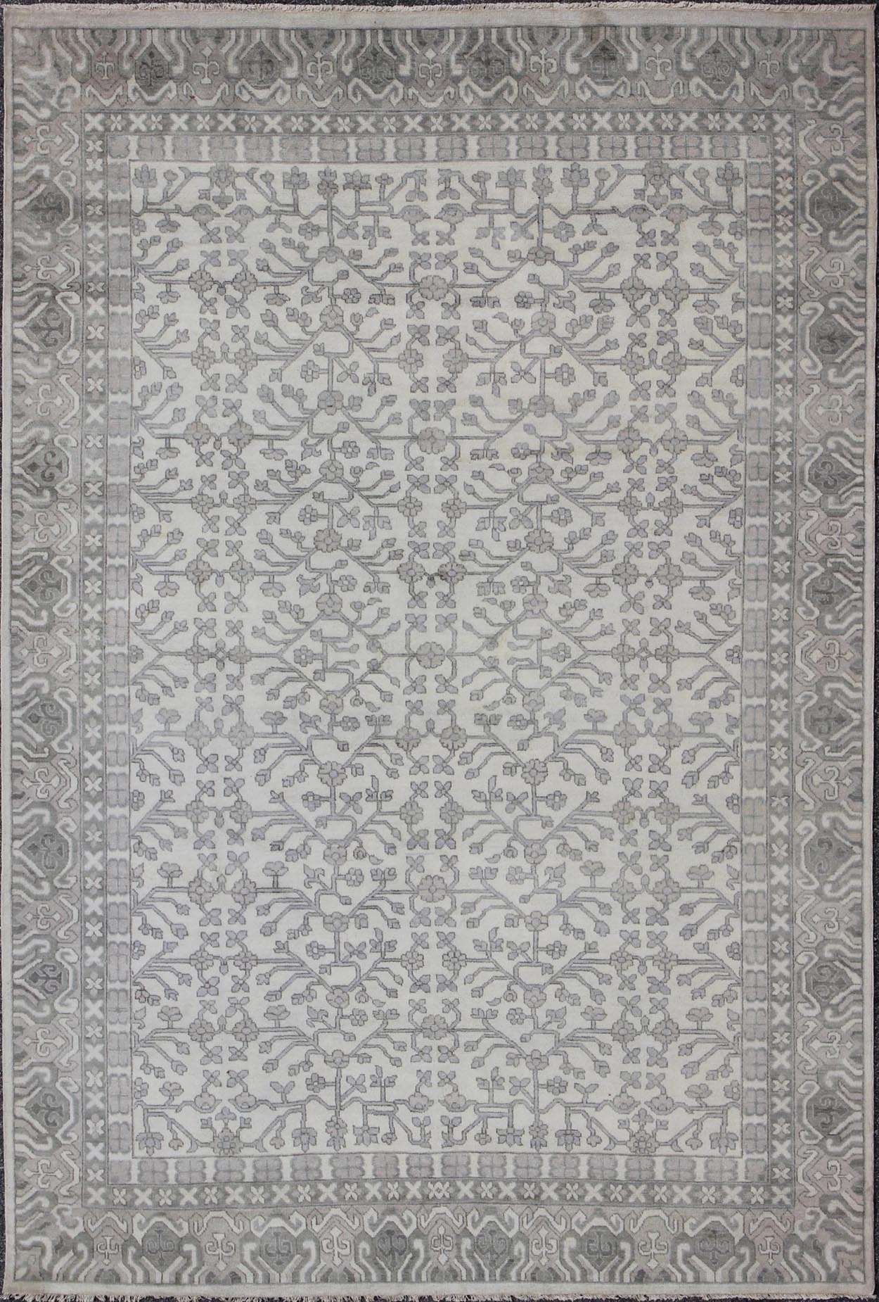 Khotan Rug in Wool with All - Over Design in Cream and Gray By Keivan Woven Arts This modern Indian Khotan rug has been hand - knotted in wool and features an all - over, sub - geometric design rendered in cream and gray tones. A complementary, multi - ... - Keivan Woven ArtsOB - 9393429 - 6460013 - 9683