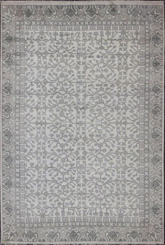 Khotan Rug in Wool with All - Over Design in Cream and Gray By Keivan Woven Arts This modern Indian Khotan rug has been hand - knotted in wool and features an all - over, sub - geometric design rendered in cream and gray tones. A complementary, multi - ... - Keivan Woven ArtsOB - 9393429 - 6460013 - 9683